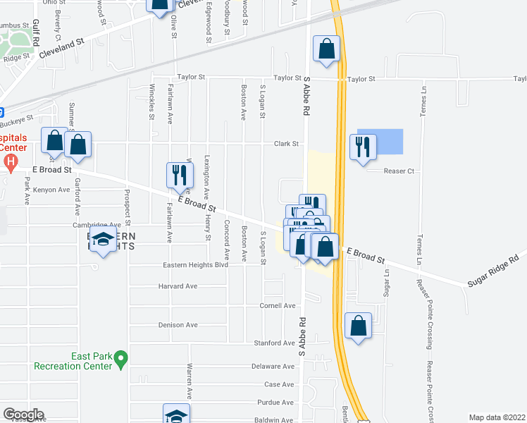 map of restaurants, bars, coffee shops, grocery stores, and more near 280 South Logan Street in Elyria