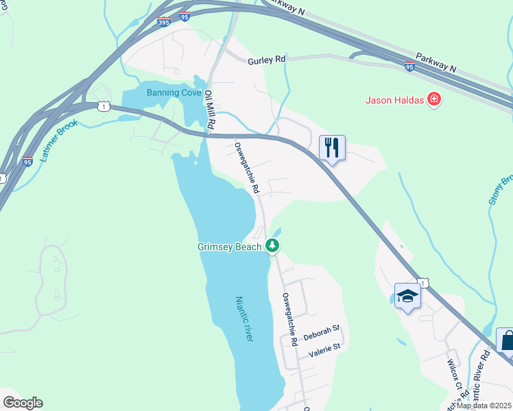 map of restaurants, bars, coffee shops, grocery stores, and more near 30 Oswegatchie Road in Waterford