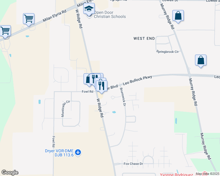 map of restaurants, bars, coffee shops, grocery stores, and more near 1885 Turner Boulevard in Elyria