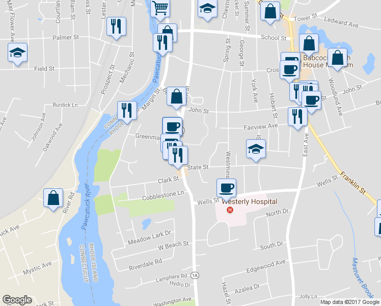 map of restaurants, bars, coffee shops, grocery stores, and more near 57 Beach Street in Westerly