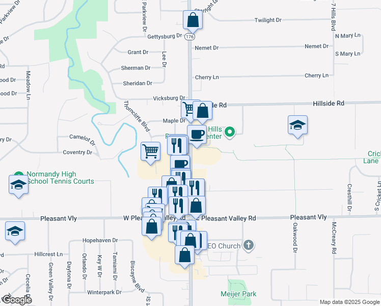 map of restaurants, bars, coffee shops, grocery stores, and more near 7400 Broadview Road in Seven Hills