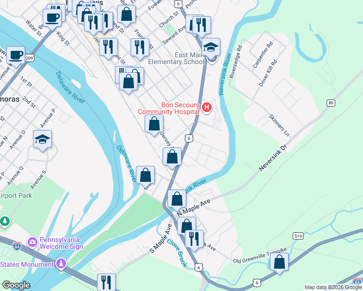map of restaurants, bars, coffee shops, grocery stores, and more near 191 East Main Street in Port Jervis