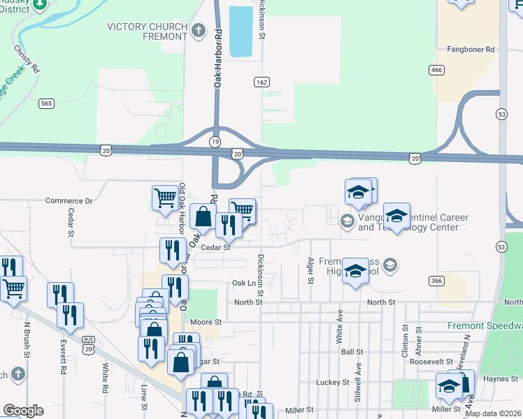 map of restaurants, bars, coffee shops, grocery stores, and more near 1549 Dickinson Street in Fremont