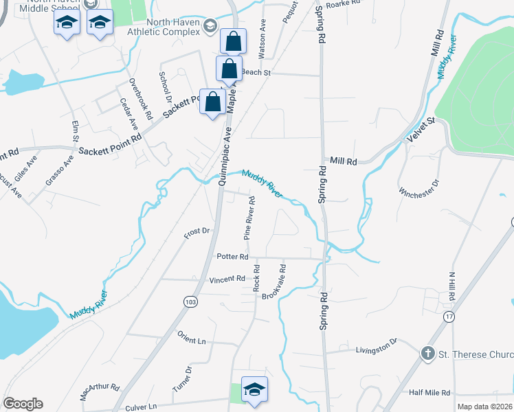 map of restaurants, bars, coffee shops, grocery stores, and more near 30 Pine River Road in North Haven