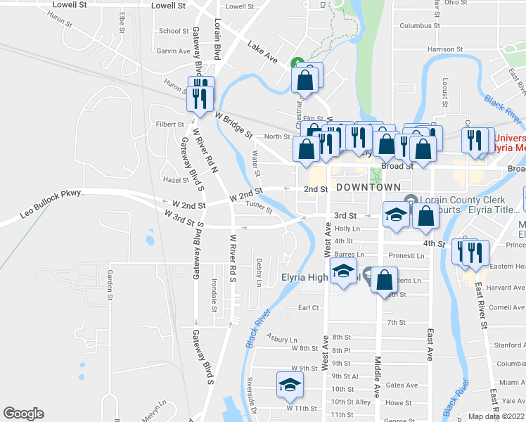 map of restaurants, bars, coffee shops, grocery stores, and more near 540 Turner Street in Elyria