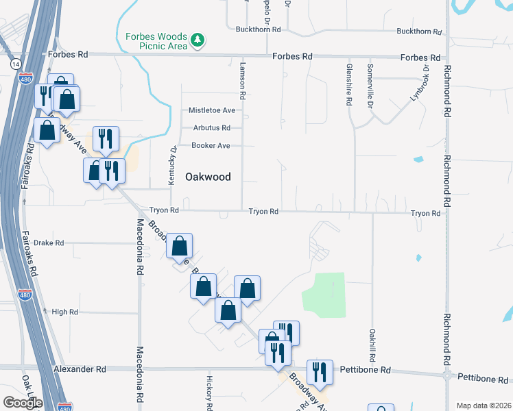 map of restaurants, bars, coffee shops, grocery stores, and more near 25600 Tryon Road in Oakwood