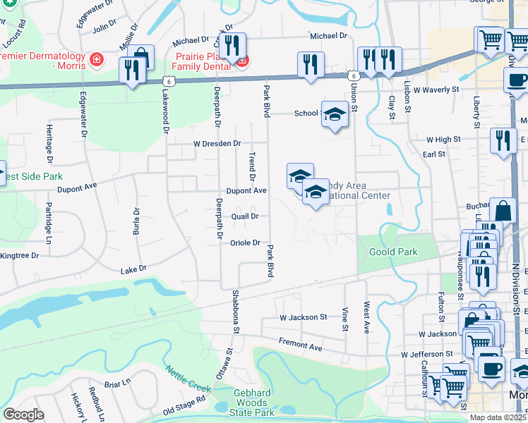 map of restaurants, bars, coffee shops, grocery stores, and more near 1154 Park Boulevard in Morris