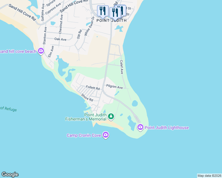 map of restaurants, bars, coffee shops, grocery stores, and more near 15 Pilgrim Avenue in Narragansett