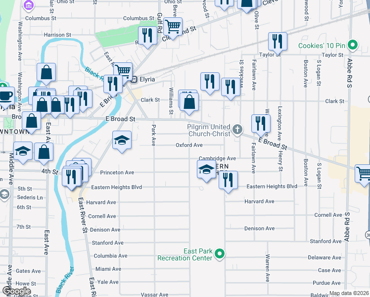 map of restaurants, bars, coffee shops, grocery stores, and more near 357 Oxford Avenue in Elyria