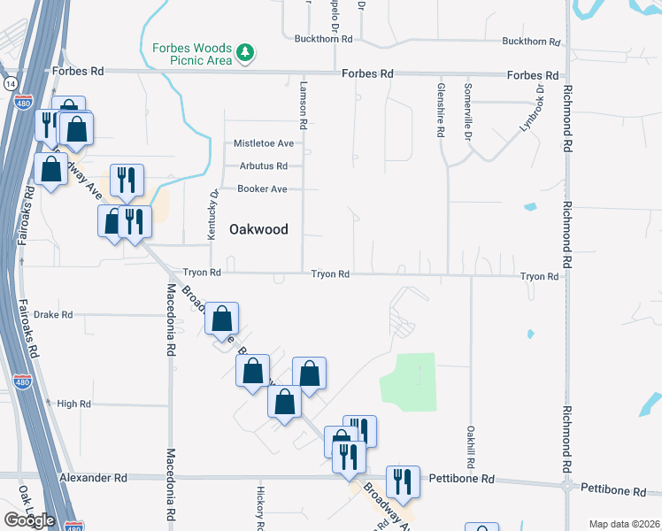 map of restaurants, bars, coffee shops, grocery stores, and more near 25600 Tryon Road in Oakwood Village
