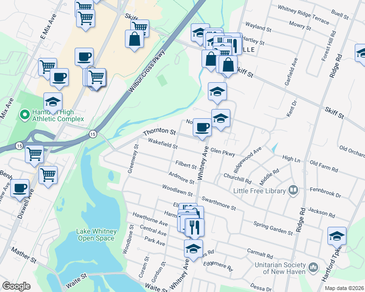 map of restaurants, bars, coffee shops, grocery stores, and more near 53 Wakefield Street in Hamden