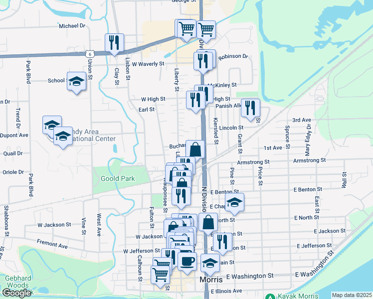 map of restaurants, bars, coffee shops, grocery stores, and more near 115 Buchanan Street in Morris