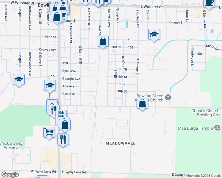 map of restaurants, bars, coffee shops, grocery stores, and more near 611 8th Street in Bowling Green