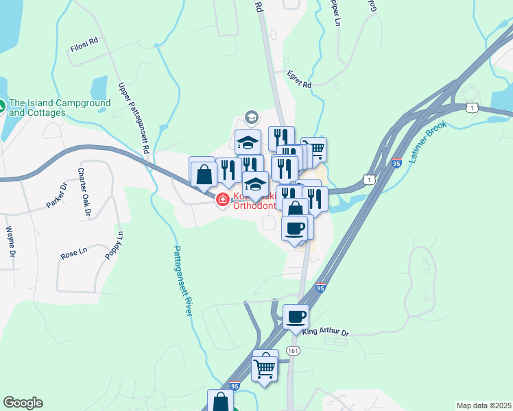 map of restaurants, bars, coffee shops, grocery stores, and more near 132 Boston Post Road in East Lyme