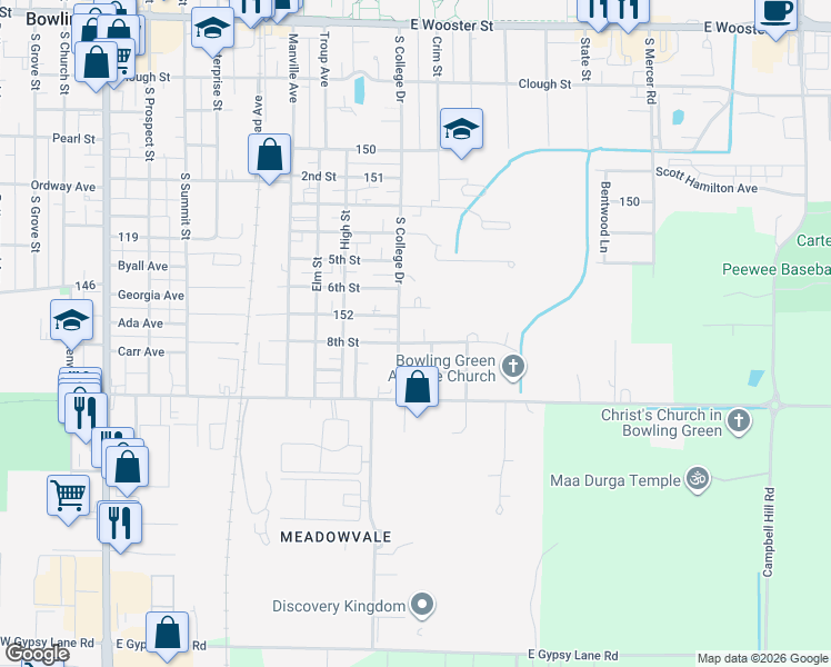 map of restaurants, bars, coffee shops, grocery stores, and more near 911 Mourning Dove Ln in Bowling Green