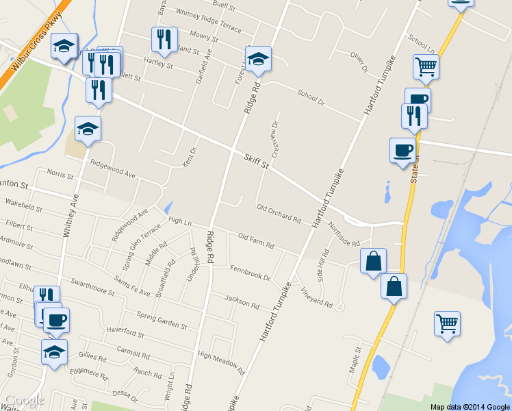 map of restaurants, bars, coffee shops, grocery stores, and more near 30 Old Orchard Road in North Haven