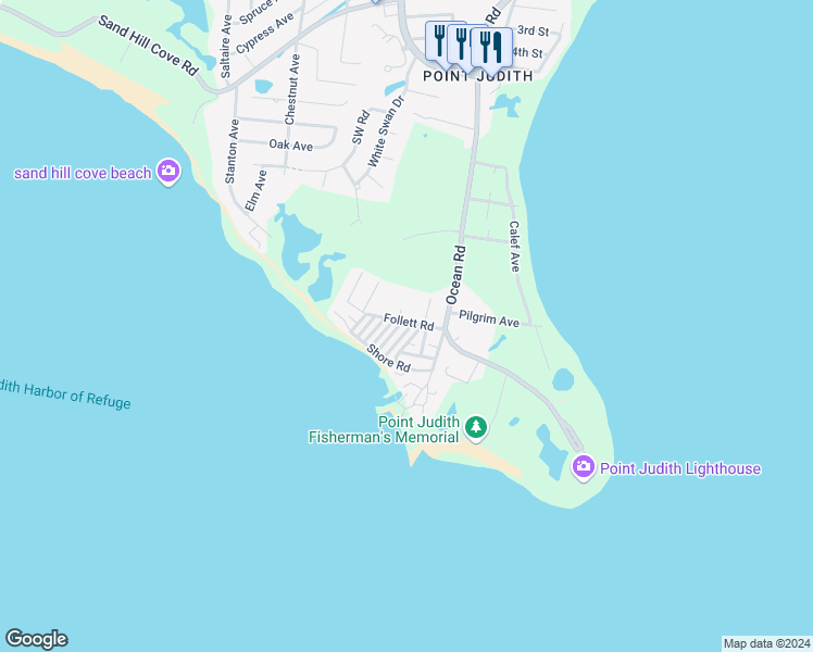map of restaurants, bars, coffee shops, grocery stores, and more near 23 Follett Road in Narragansett
