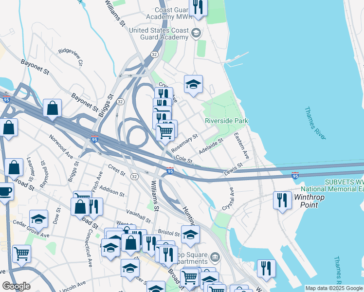 map of restaurants, bars, coffee shops, grocery stores, and more near 19 Rosemary Street in New London