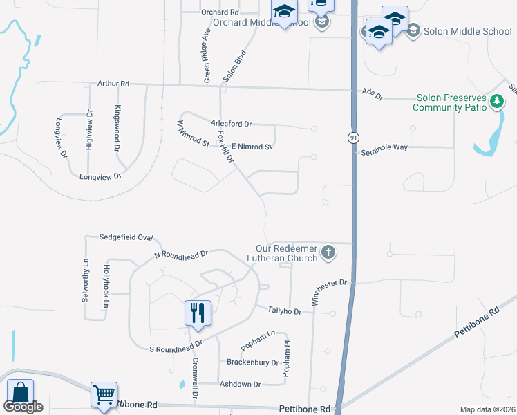 map of restaurants, bars, coffee shops, grocery stores, and more near 7152 Fox Hill Drive in Solon