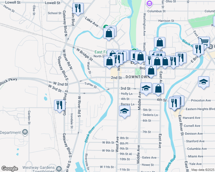 map of restaurants, bars, coffee shops, grocery stores, and more near 433 3rd Street in Elyria