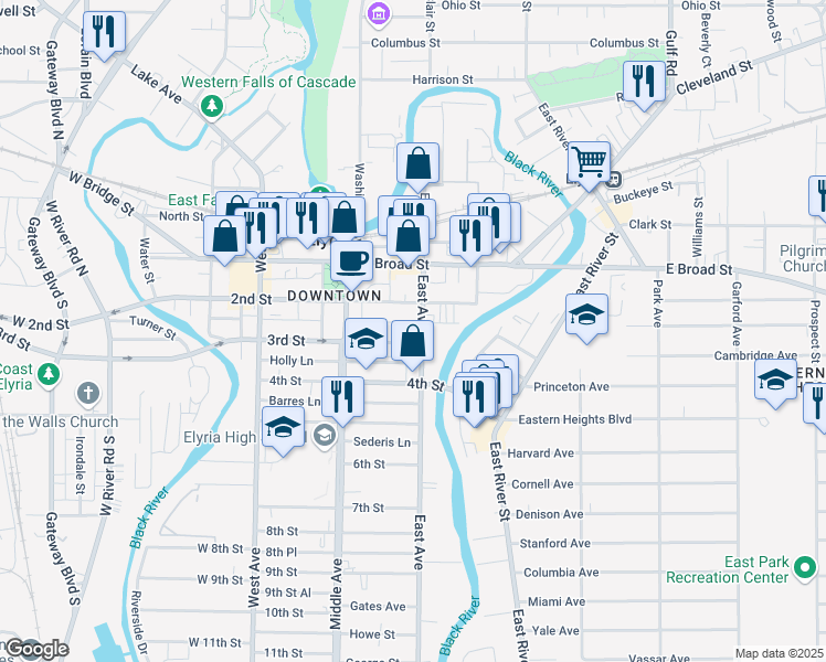 map of restaurants, bars, coffee shops, grocery stores, and more near 310 Lowell Street in Elyria