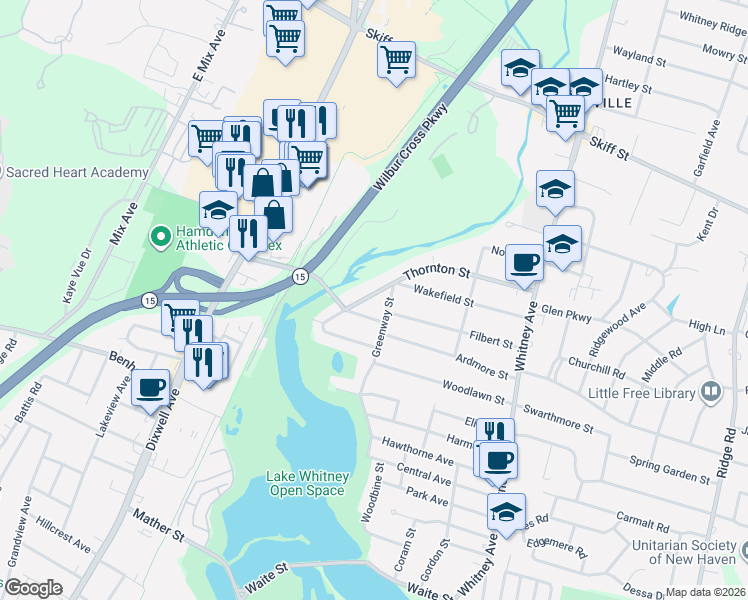 map of restaurants, bars, coffee shops, grocery stores, and more near 200 Thornton Street in Hamden