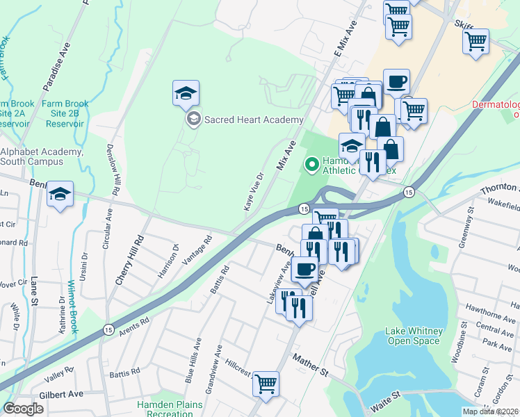 map of restaurants, bars, coffee shops, grocery stores, and more near 45 Vernon Street in New Haven