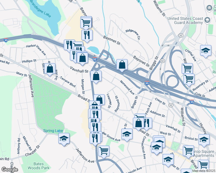 map of restaurants, bars, coffee shops, grocery stores, and more near 107 Raymond Street Extension in New London