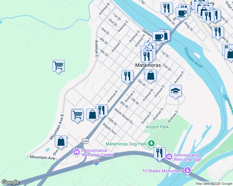 map of restaurants, bars, coffee shops, grocery stores, and more near 121 Robert Rd in Matamoras