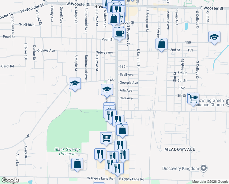 map of restaurants, bars, coffee shops, grocery stores, and more near 644 North Dixie Highway in Bowling Green