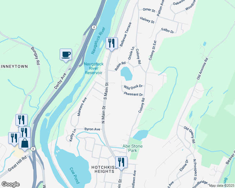 map of restaurants, bars, coffee shops, grocery stores, and more near 15 Pheasant Drive in Seymour