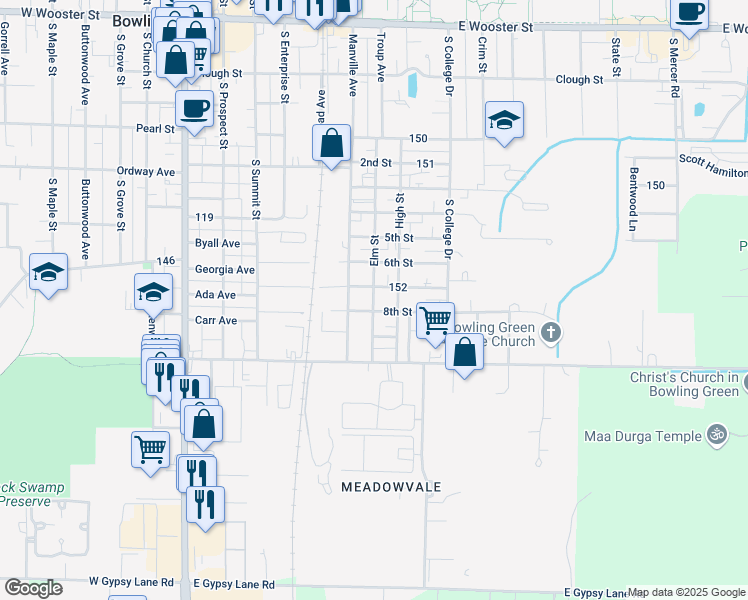 map of restaurants, bars, coffee shops, grocery stores, and more near 611 8th Street in Bowling Green