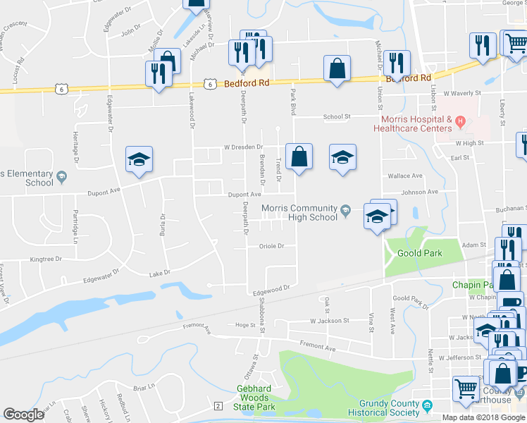 map of restaurants, bars, coffee shops, grocery stores, and more near 1020 Quail Drive in Morris