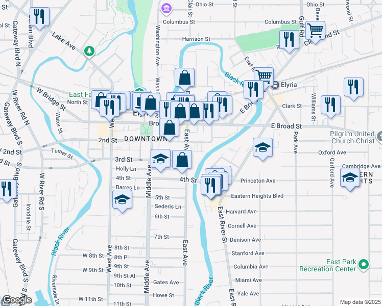 map of restaurants, bars, coffee shops, grocery stores, and more near 225 East Avenue in Elyria