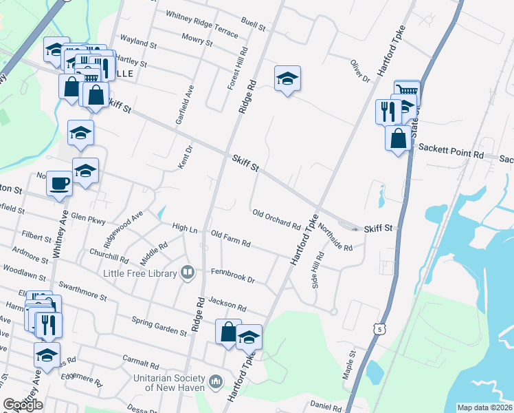 map of restaurants, bars, coffee shops, grocery stores, and more near 25 Old Orchard Road in North Haven