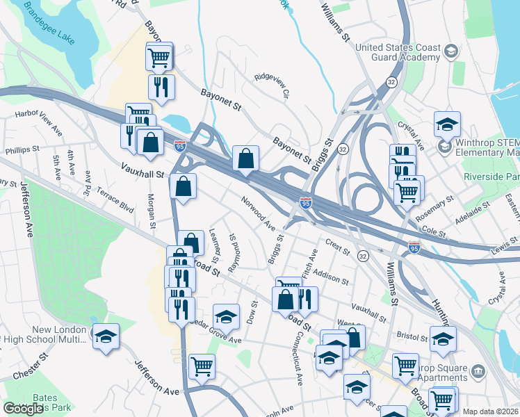 map of restaurants, bars, coffee shops, grocery stores, and more near 83 Norwood Avenue in New London