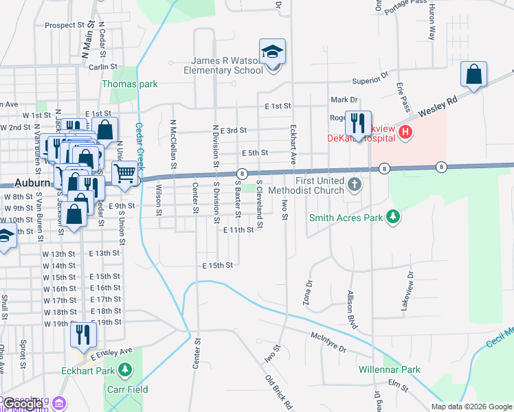 map of restaurants, bars, coffee shops, grocery stores, and more near 210-222 S Baxter St in Auburn