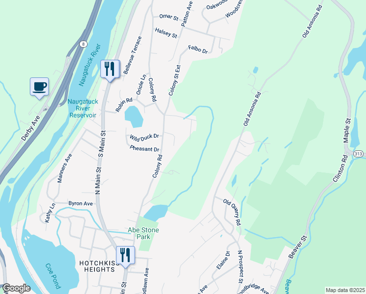 map of restaurants, bars, coffee shops, grocery stores, and more near 11 A Jay Lane in Seymour