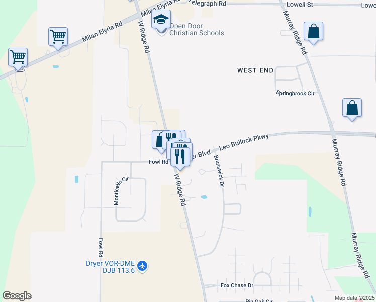 map of restaurants, bars, coffee shops, grocery stores, and more near 1885 Turner Boulevard in Elyria
