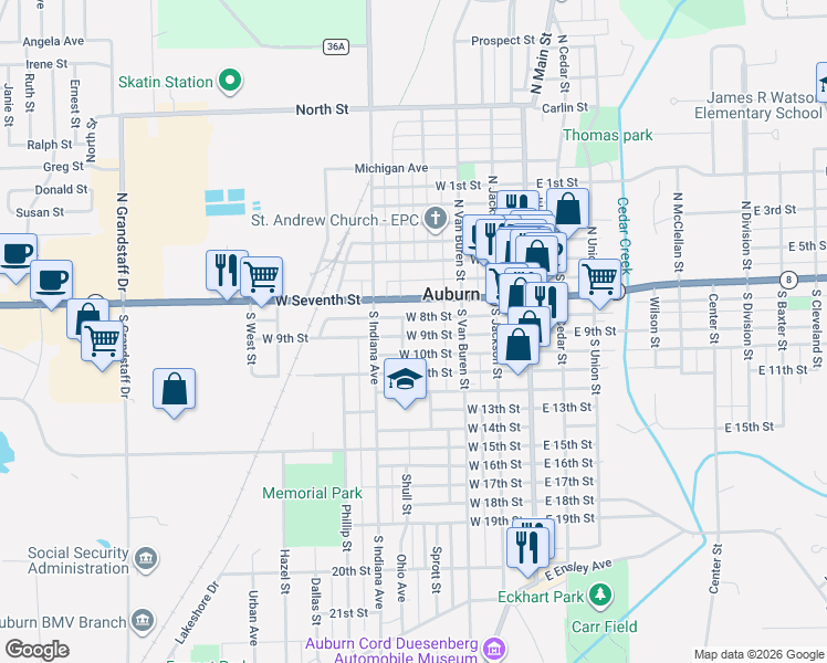 map of restaurants, bars, coffee shops, grocery stores, and more near 339 West 9th Street in Auburn
