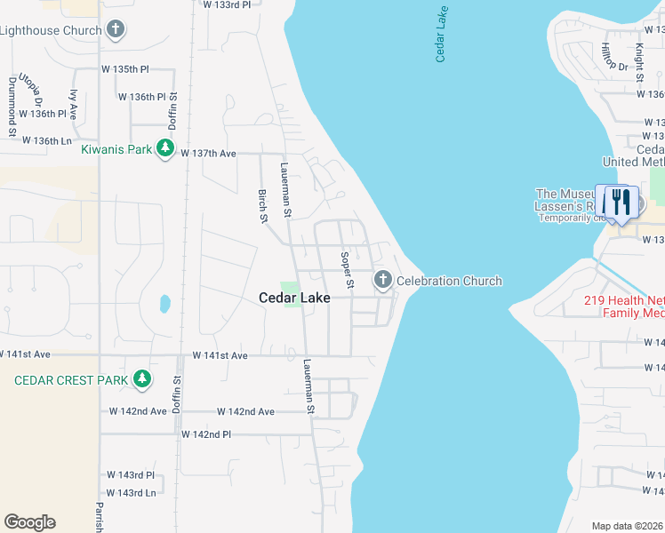 map of restaurants, bars, coffee shops, grocery stores, and more near 8612 West 139th Place in Cedar Lake