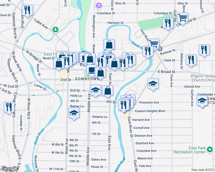 map of restaurants, bars, coffee shops, grocery stores, and more near 225 East Avenue in Elyria