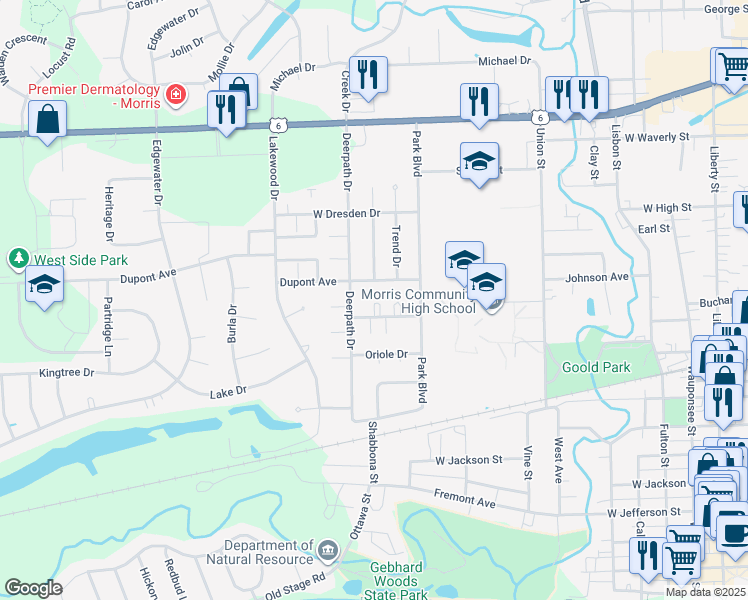 map of restaurants, bars, coffee shops, grocery stores, and more near 1005 Quail Drive in Morris