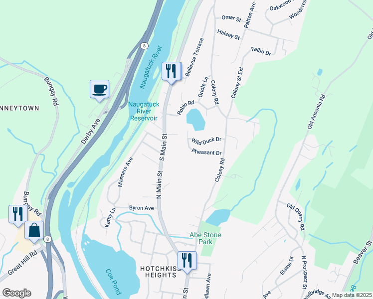 map of restaurants, bars, coffee shops, grocery stores, and more near 15 Pheasant Drive in Seymour