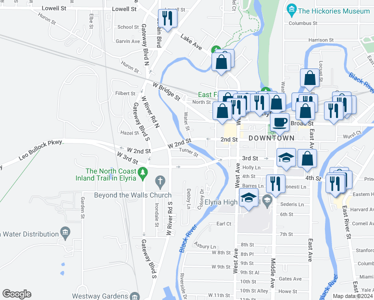 map of restaurants, bars, coffee shops, grocery stores, and more near 599 Turner Street in Elyria