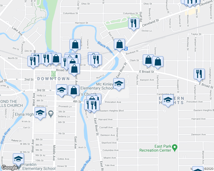map of restaurants, bars, coffee shops, grocery stores, and more near 123 Riverside Court in Elyria