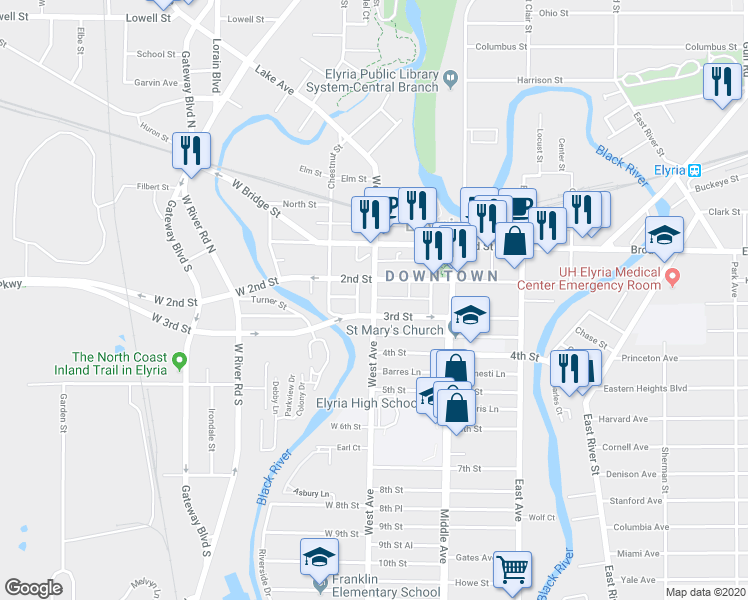 map of restaurants, bars, coffee shops, grocery stores, and more near 220 West Avenue in Elyria