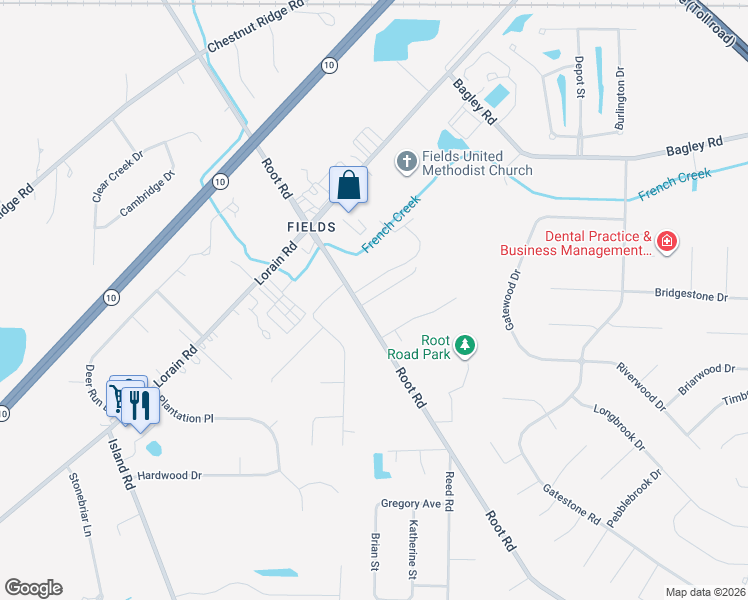 map of restaurants, bars, coffee shops, grocery stores, and more near 8667 Root Road in North Ridgeville