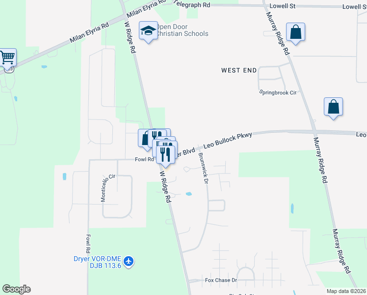 map of restaurants, bars, coffee shops, grocery stores, and more near 1871 Turner Boulevard in Elyria