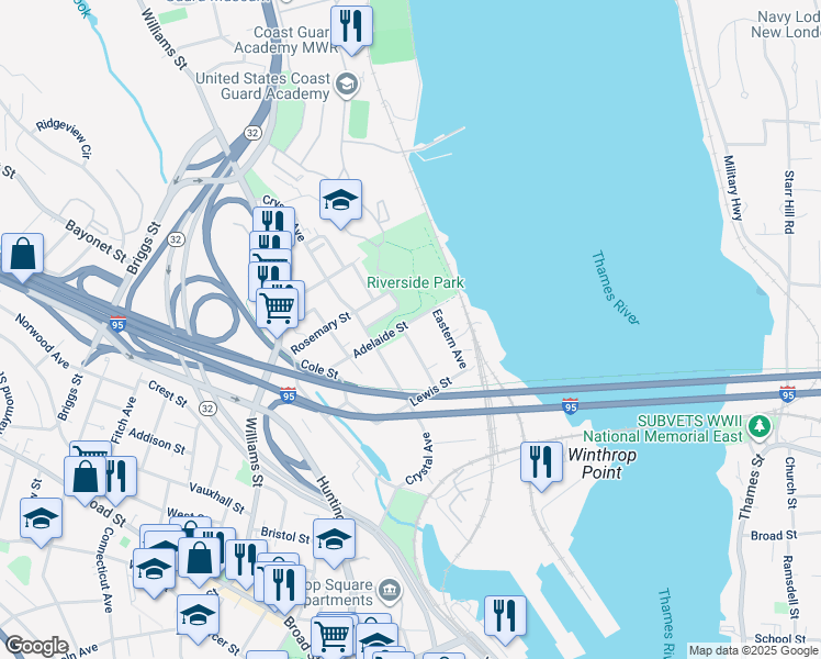 map of restaurants, bars, coffee shops, grocery stores, and more near 72 Central Avenue in New London